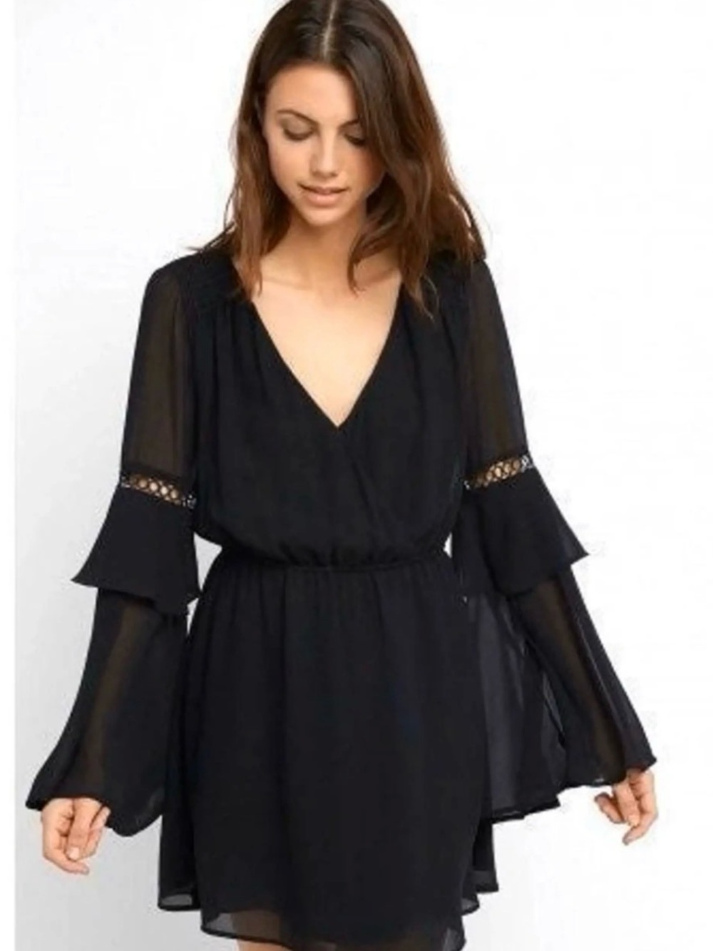 Women’s Black V-Neck Long statement Sleeve Ruffle Dress